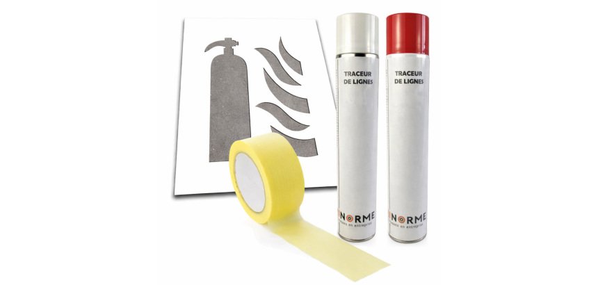 Pochoir de marquage - Extincteur + aérosols + ruban masquage