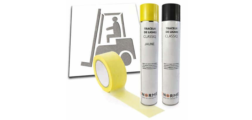 Kit marquage sol chariot élévateur pochoir + aérosols