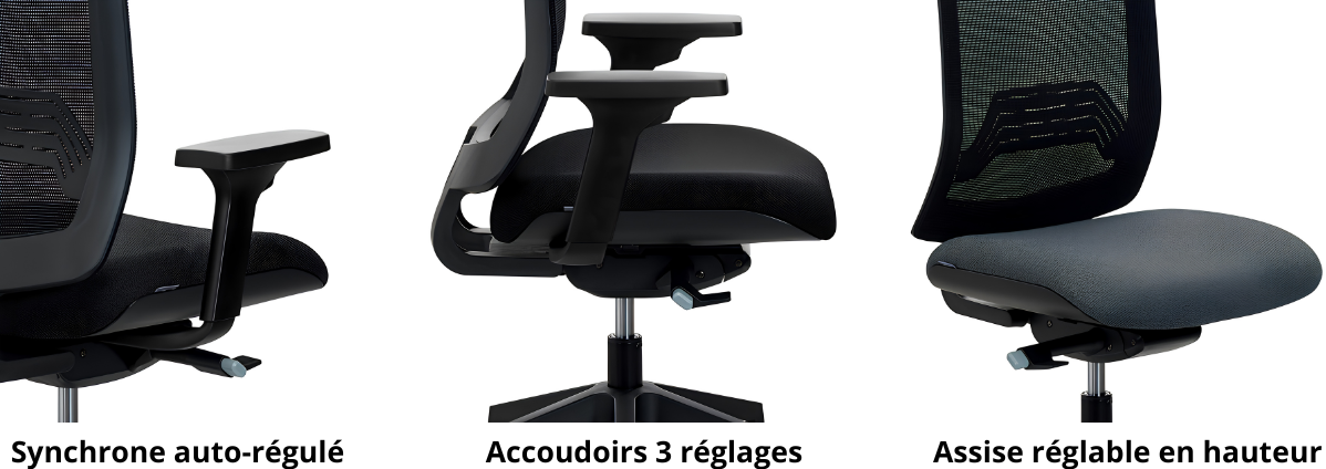 Accoudoirs, mécanismes synchrone auto régulé et assise réglable en hauteur de la chaise de bureau Imax