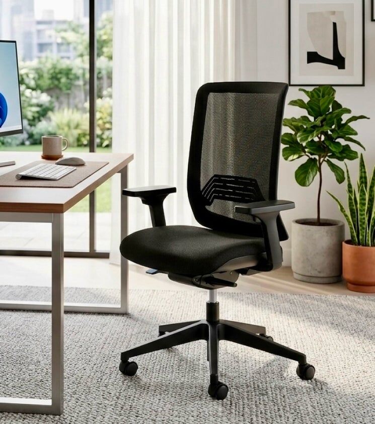 Chaise de bureau Imax dans un décor de télétravail, dossier maille noir et assise réglable en hauteur noir avec mécanisme synchrone auto-régulé