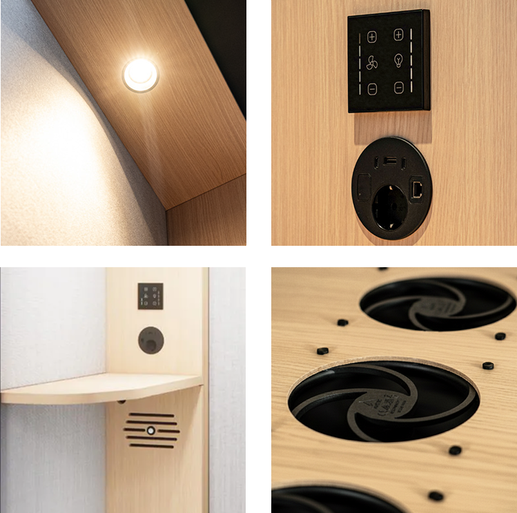 Cabine acoustique Essentielle S debout éclairage led, connectique, tablette et ventilation