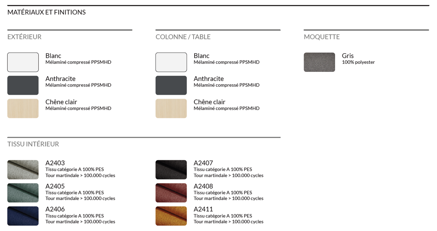 Cabine acoustique Essentielle S debout matériaux et finitions