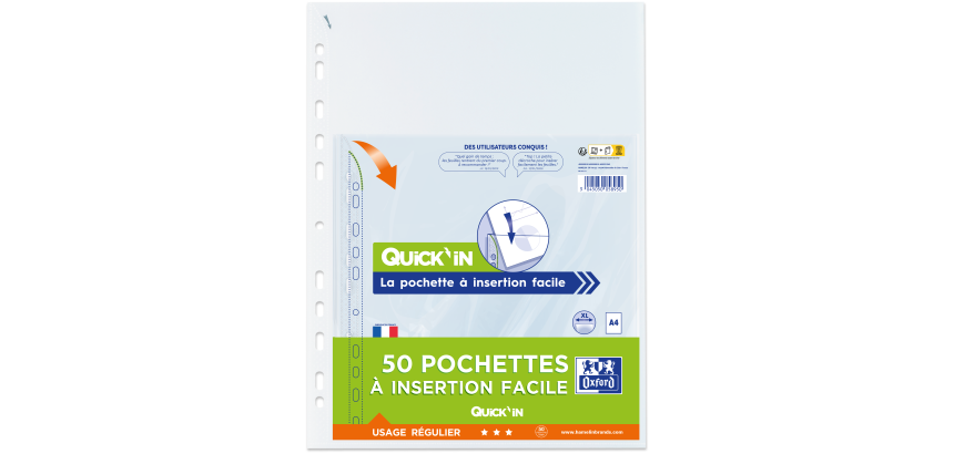 50 Pochette Perforee Oxford Quickin Sach A4 PP50 Lisse Incolore Pav