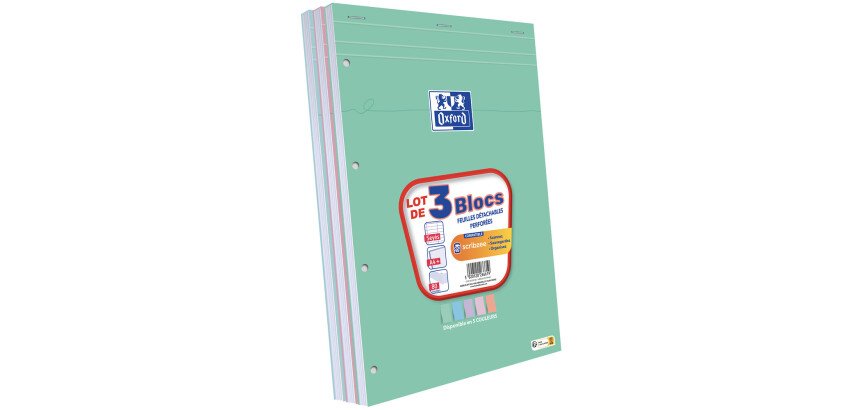 3 blocs oxford smart agrafes 4 trous 210x315 160p seyes optik paper assortis