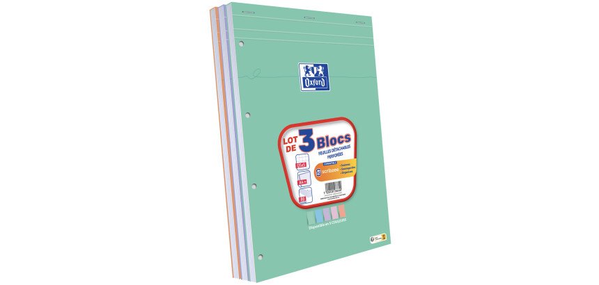 3 blocs oxford smart agrafes 4 trous 210x315 160p Q5 optik paper assortis