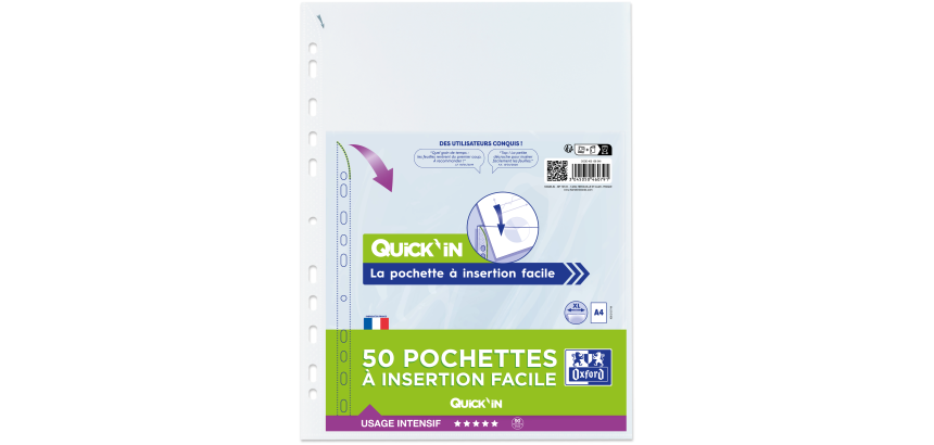 lot de 50 Pochettes perforées Oxford à insertion facile A4 polypro lisse 9/100ème - incolore