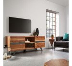 Meuble TV Uxia 2 portes en bois d'acacia massif et acier finition noire 160 x 65 cm
