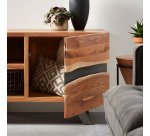 Meuble TV Uxia 2 portes en bois d'acacia massif et acier finition noire 160 x 65 cm