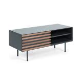 DE_Meuble TV Kesia 1 porte placage de noyer laqué noir et acier finition noire 120 x 48,5 cm