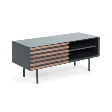 Meuble TV Kesia 1 porte placage de noyer laqué noir et acier finition noire 120 x 48,5 cm