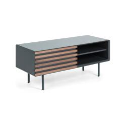 Mueble TV Kesia 1 puerta chapa de nogal lacado negro y acero acabado negro 120 x 48,5 cm