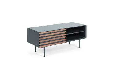 Kesia 1-deurs TV-meubel met notenhoutfineer met zwarte lak & zwart staal, 120 x 48,5 cm