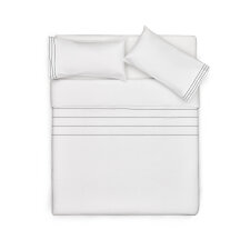 Set Cintia housse couette, taies oreiller percale de coton blanc rayures brodées 135x200cm