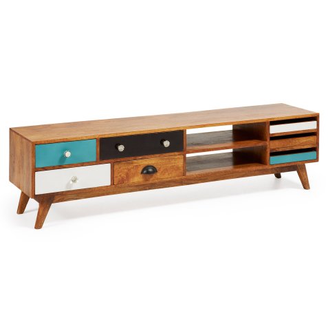 Meuble TV Conrad 7 tiroirs en bois de manguier massif naturel et multicolore 160 x 41 cm