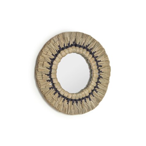 Akila round mirror made from green natural fibres and black cotton cord, 40 cm