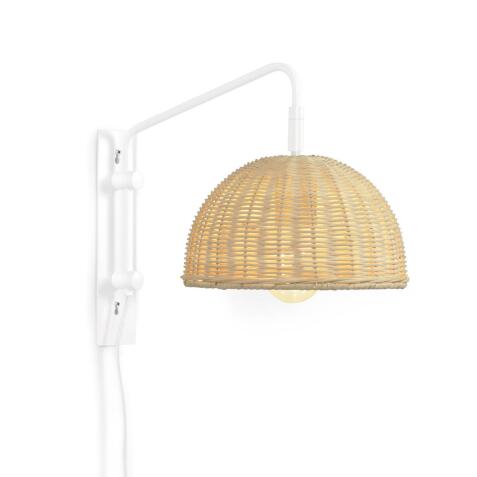 Wandlamp Damila in metaal wit en rotan met natuurlijke finish