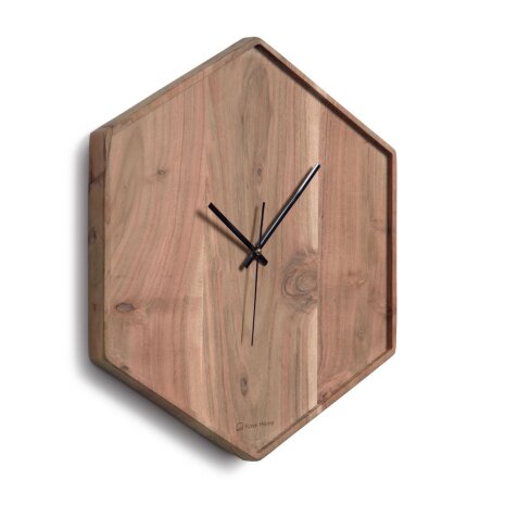 Zakie hexagonal wall clock in solid acacia wood with natural finish, 35,5 x 40,5 cm