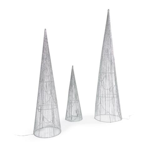 Set Marleen de 3 conos árbol luminosos plateado 40 cm 60 cm 80 cm