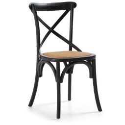 Silla Alsie de madera maciza de olmo lacado negro y asiento de ratán