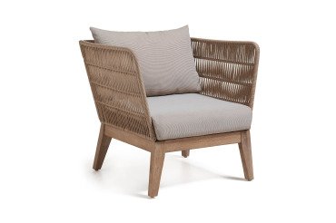 Belleny armchair in beige cord and solid acacia wood, 100% FSC