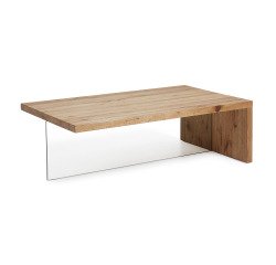 Mesa de centro Tulsi madera maciza de roble y cristal 120 x 70 cm