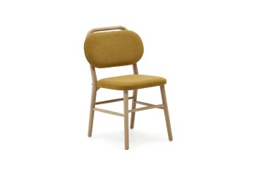 Silla Helda de chenilla mostaza y madera maciza de roble