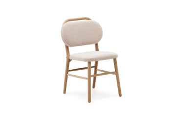 Silla Helda de chenilla beige y madera maciza de roble 