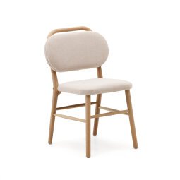 Silla Helda de chenilla beige y madera maciza de roble 