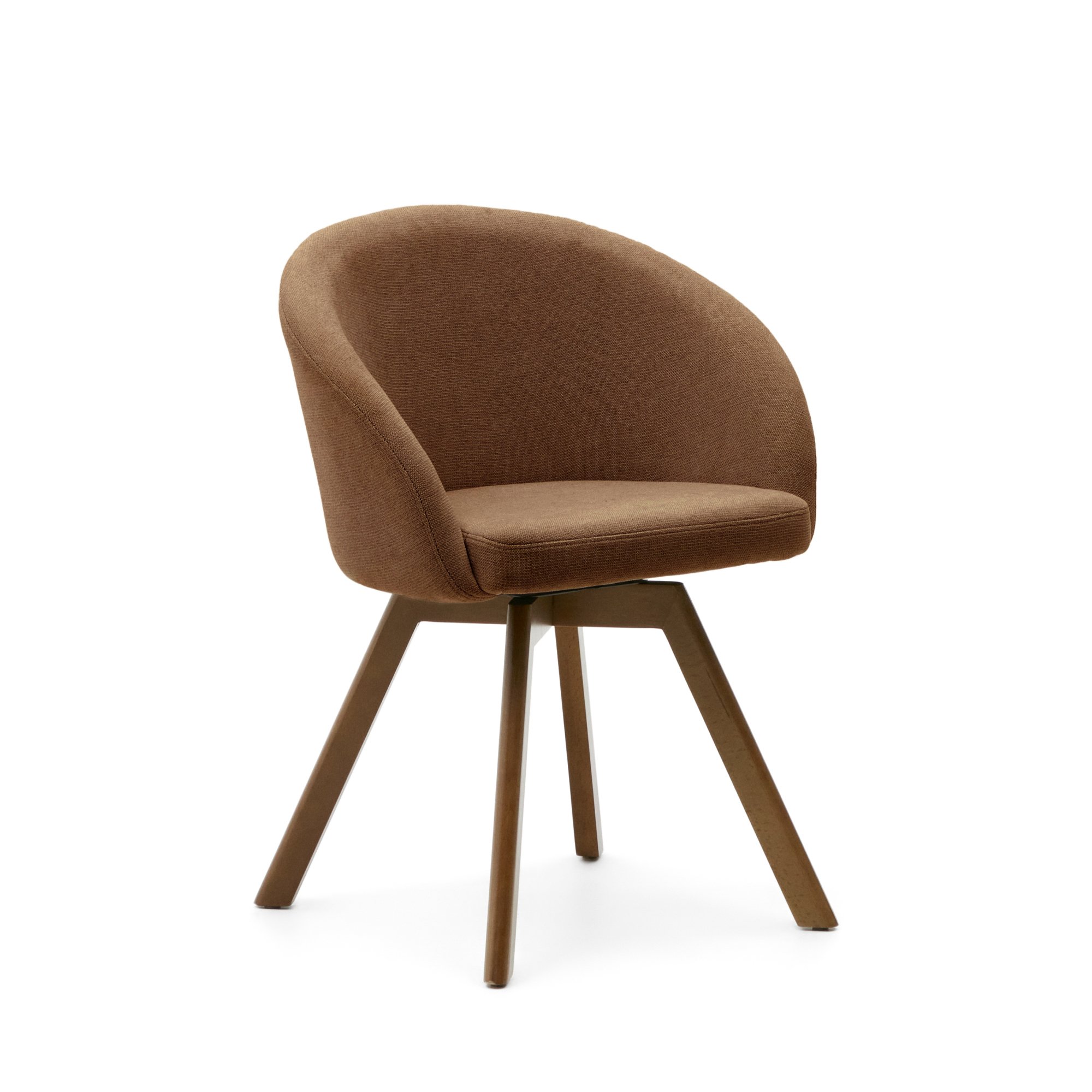 Marvin brown chenille swivel chair with solid beech wood legs with a walnut finish