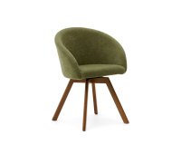 Silla giratoria Marvin chenilla verde y patas de madera maciza de haya acabado nogal