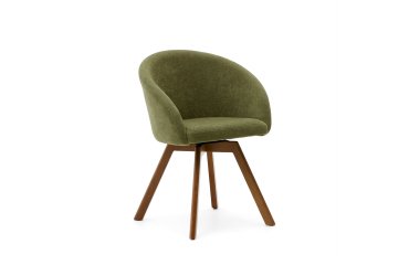 Silla giratoria Marvin chenilla verde y patas de madera maciza de haya acabado nogal