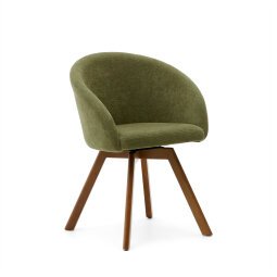 DE_Chaise giratoire Marvin en chenille verte et pieds en bois de chêne finition noyer