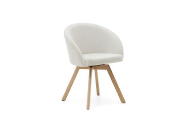 Silla giratoria Marvin chenilla beige y patas de madera maciza de haya acabado natural
