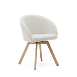 DE_Chaise giratoire Marvinen chenille beige et pieds en bois de chêne finition naturelle