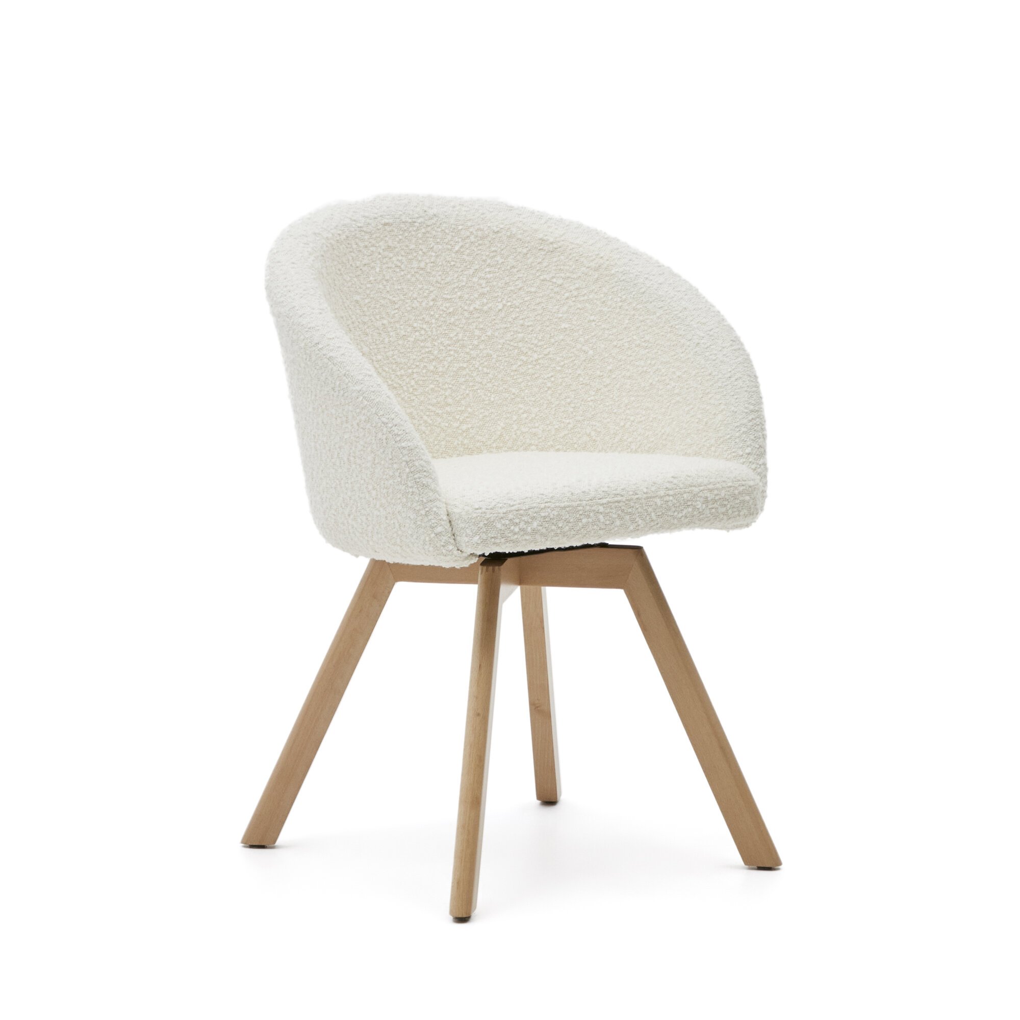 Marvin swivel chair in white fleece with solid beech wood legs in a natural finish