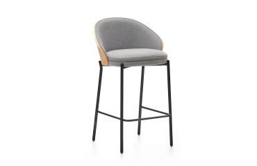 Taburete Eamy gris claro chapado en fresno con acabado natural y metal negro altura 65 cm