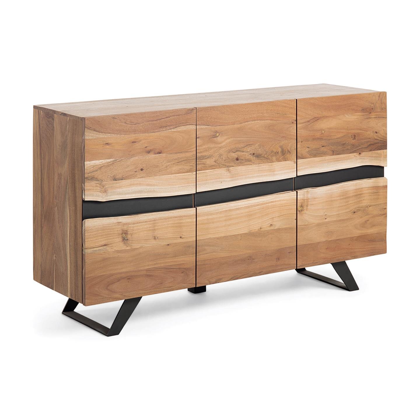 Buffet Uxia 3 portes en bois d'acacia massif et acier peint noir 148 x 85 cm