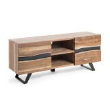 Meuble TV Uxia 2 portes en bois d'acacia massif et acier finition noire 160 x 65 cm