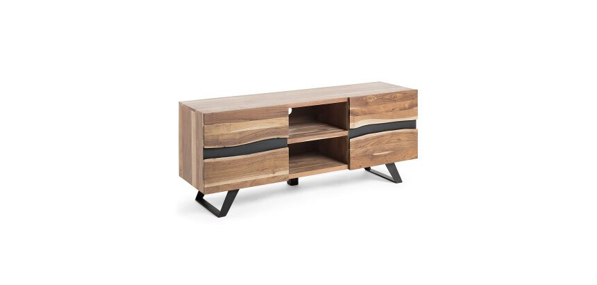 Meuble TV Uxia 2 portes en bois d'acacia massif et acier finition noire 160 x 65 cm