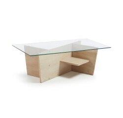 Mesa centro Balwind cristal y base de madera maciza de roble 110 x 60 cm