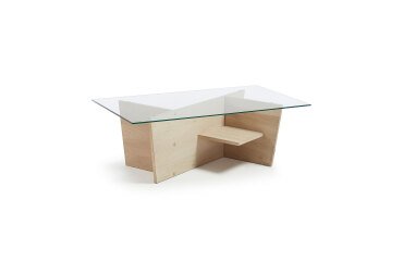 Mesa centro Balwind cristal y base de madera maciza de roble 110 x 60 cm