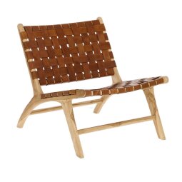 Sillón Calixta de piel y madera maciza de teca con acabado natural