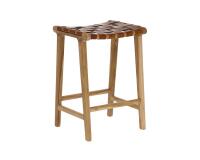 Taburete Calixta de piel y madera maciza de teca con acabado natural altura 67 cm