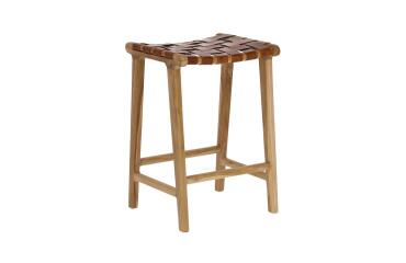 Taburete Calixta de piel y madera maciza de teca con acabado natural altura 67 cm