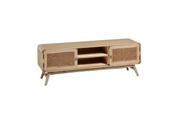 Meuble TV Nalu 2 portes en bois de Mindy massif et rotin 150 x 50 cm