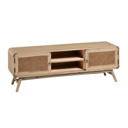 Nalu 2 door solid white cedarwood & rattan TV stand, 150 x 50 cm