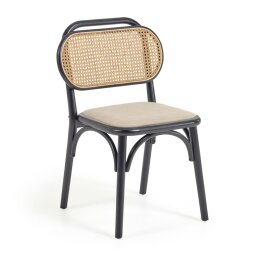 Silla Doriane de madera maciza de olmo acabado lacado negro y asiento de tela