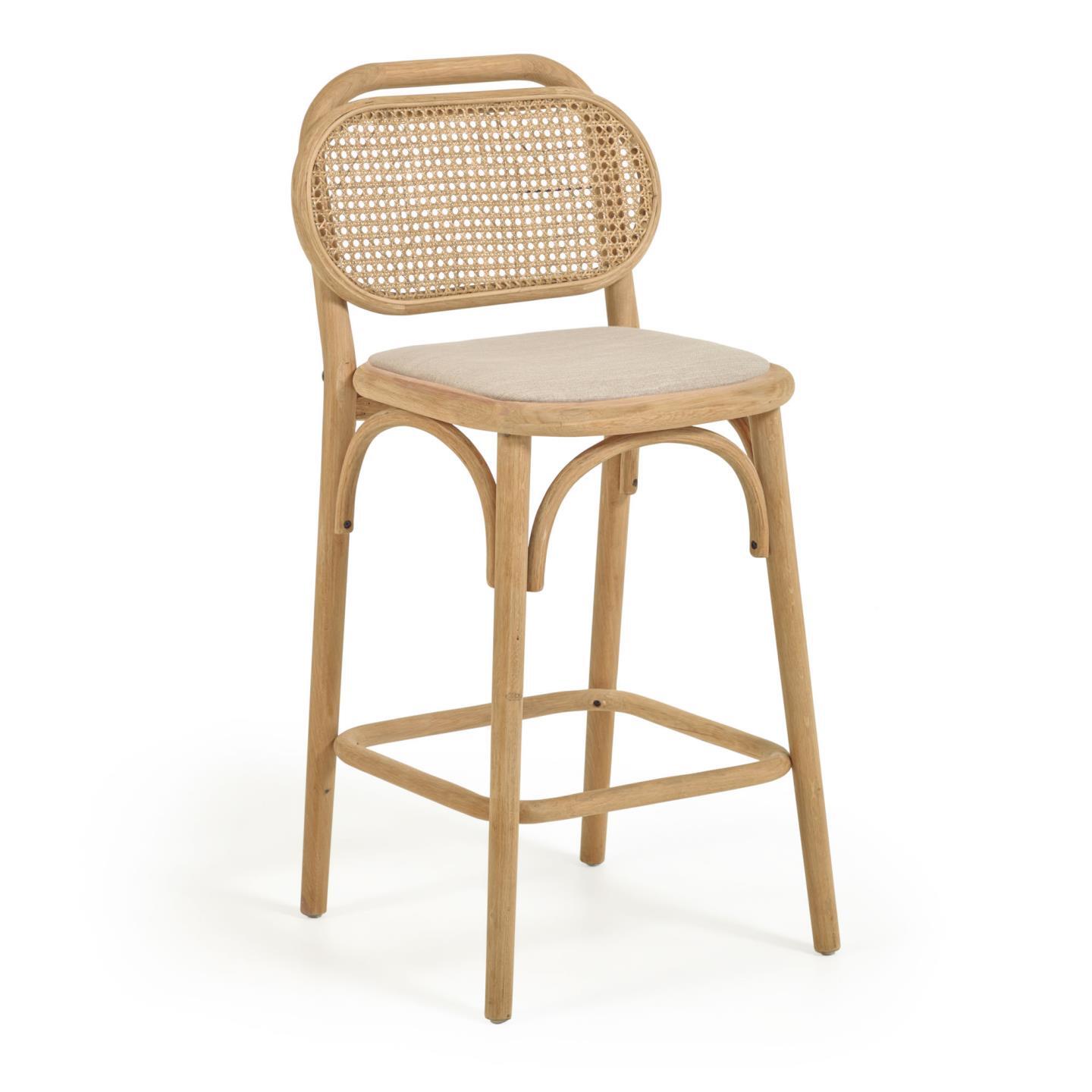 Doriane 65 cm height solid oak stool with natural finish and upholstered seat