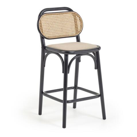 Taburete Doriane madera maciza olmo acabado lacado negro y asiento de tela altura 65 cm