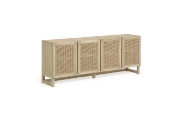 Buffet Rexit 4 portes bois massif et contreplaqué de mindi avec rotin 180 x 78 cm